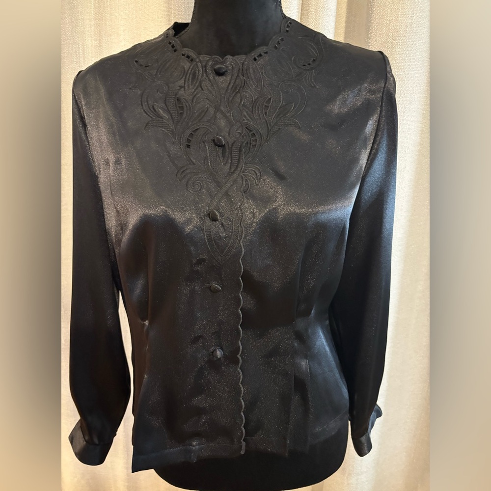 Mikado Black Satin Blouse with Embroidered Neckline